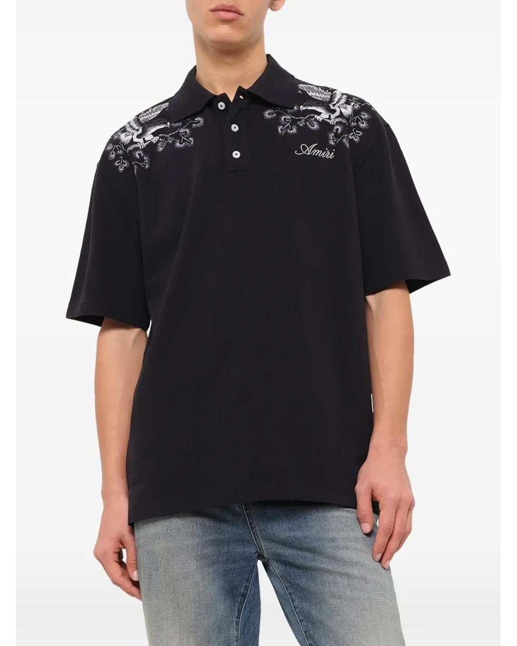 Amiri Black Floral-Embroidered Polo Shirt for men