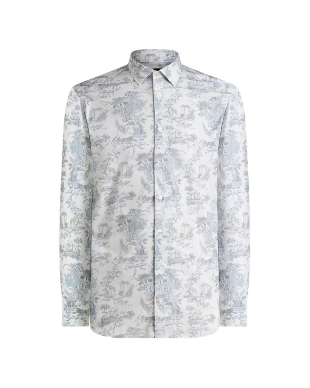 Etro Gray Stretch-Cotton Button-Down Shirt With Flower And Animal-Motif for men