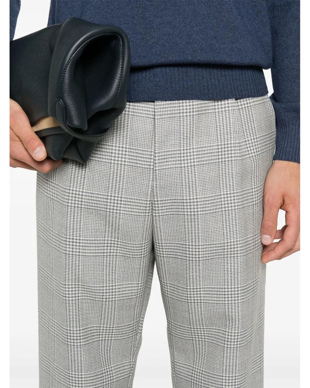 Boss Gray Tartan-Check Trousers for men