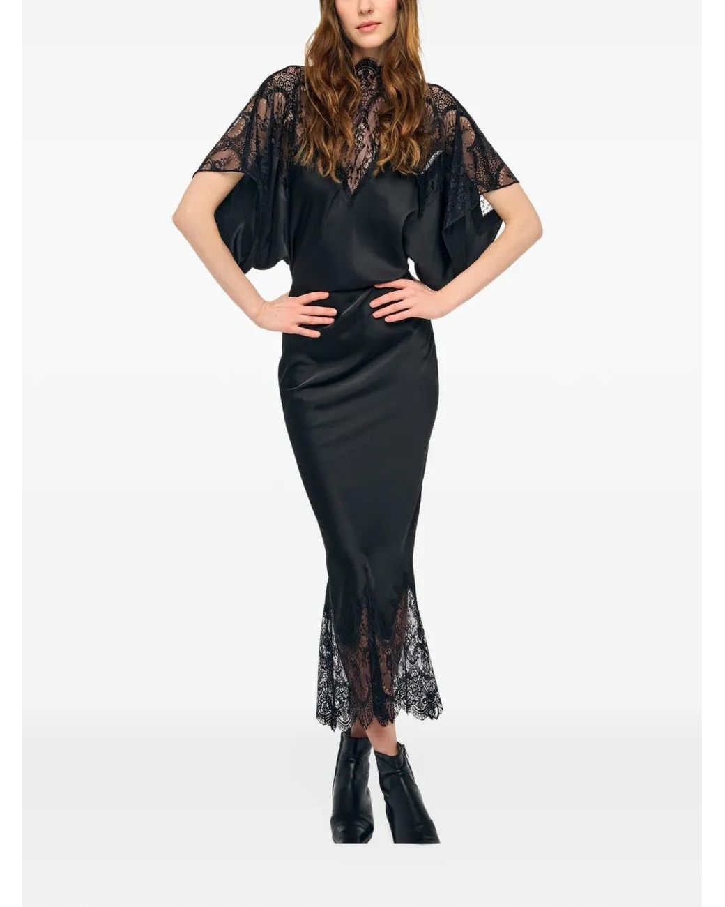 Norma Kamali Black Lace-Trim Reverse Obie Maxi Dress