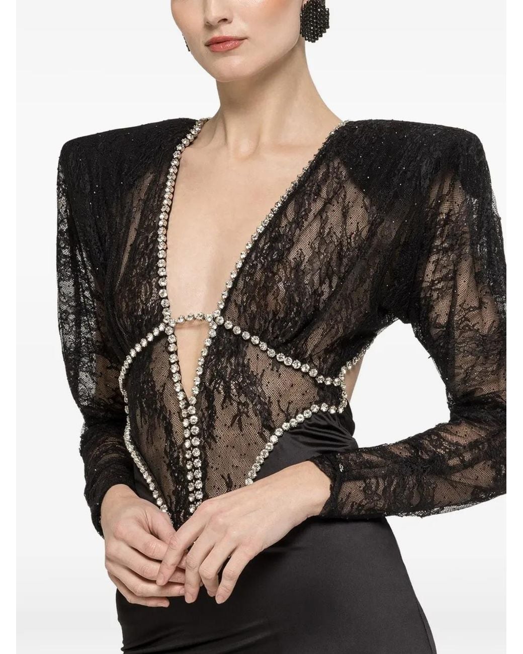 Nissa Black Lace-Panelled Crystal-Embellished Dress