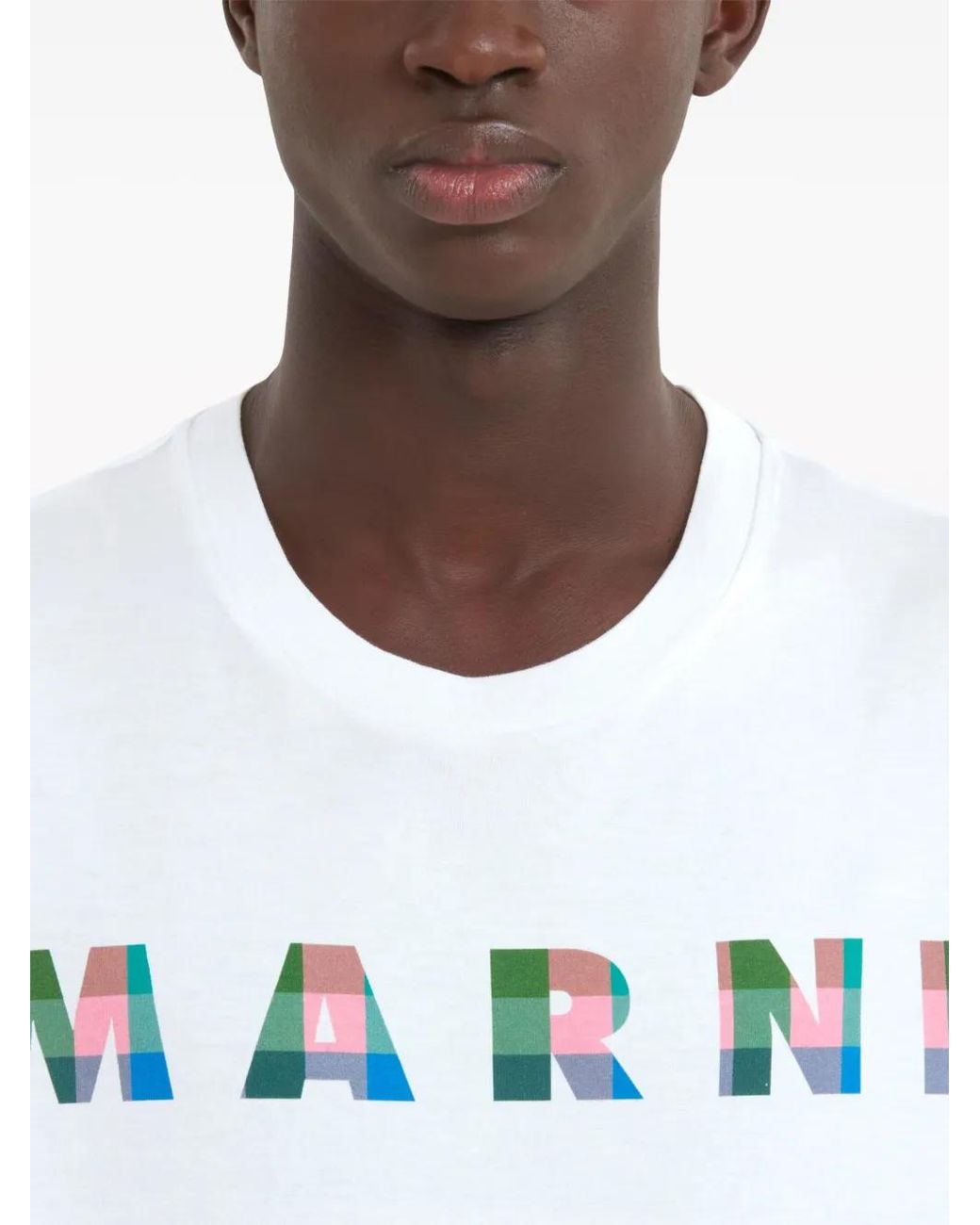 Marni White Gingham Logo-Print Cotton T-Shirt for men