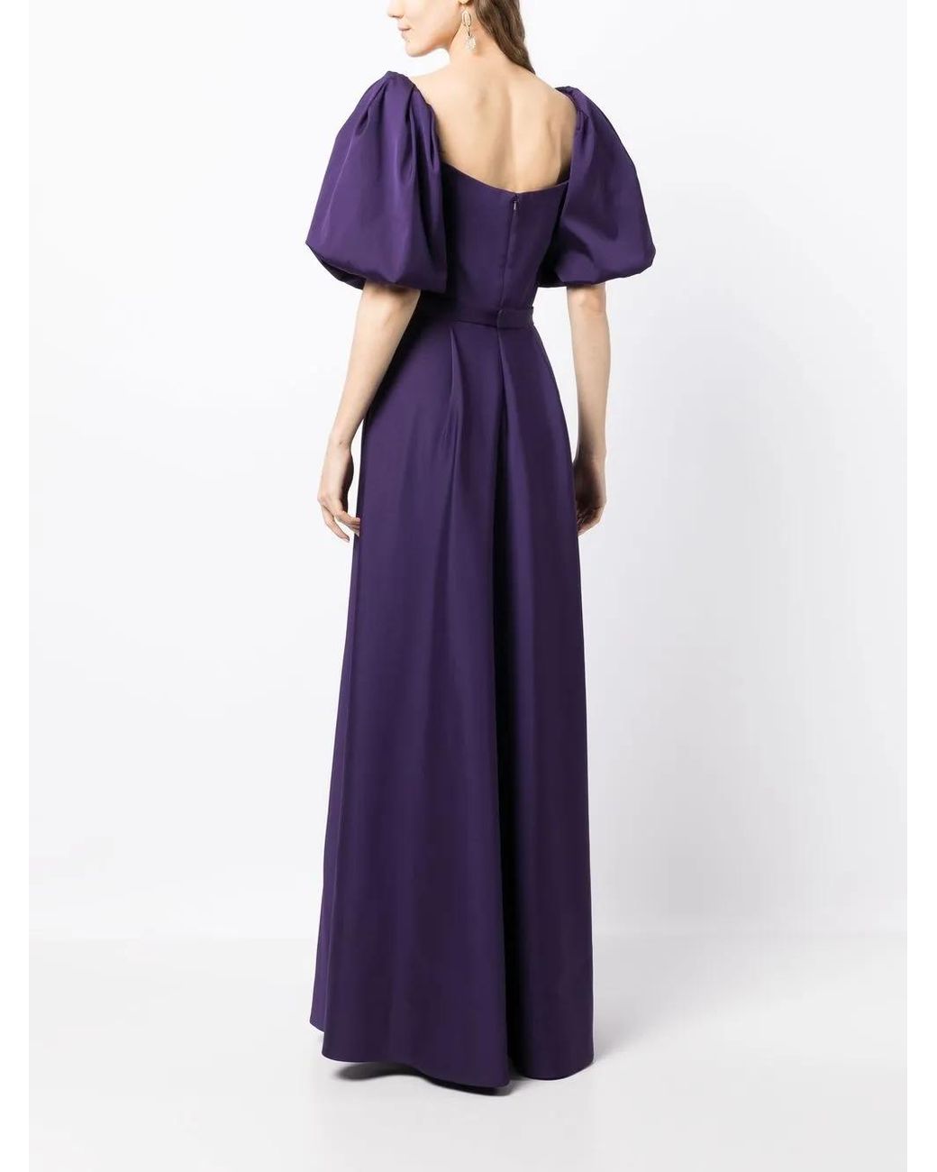 Alberta Ferretti Purple Pleat-Detail Puff-Sleeves Gown