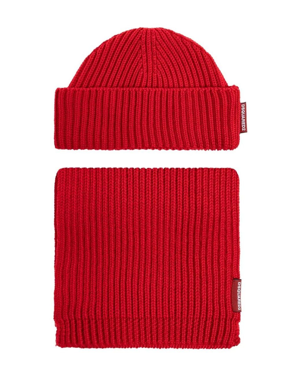 DSquared² Red Ribbed Beanie And Scarf Set for men