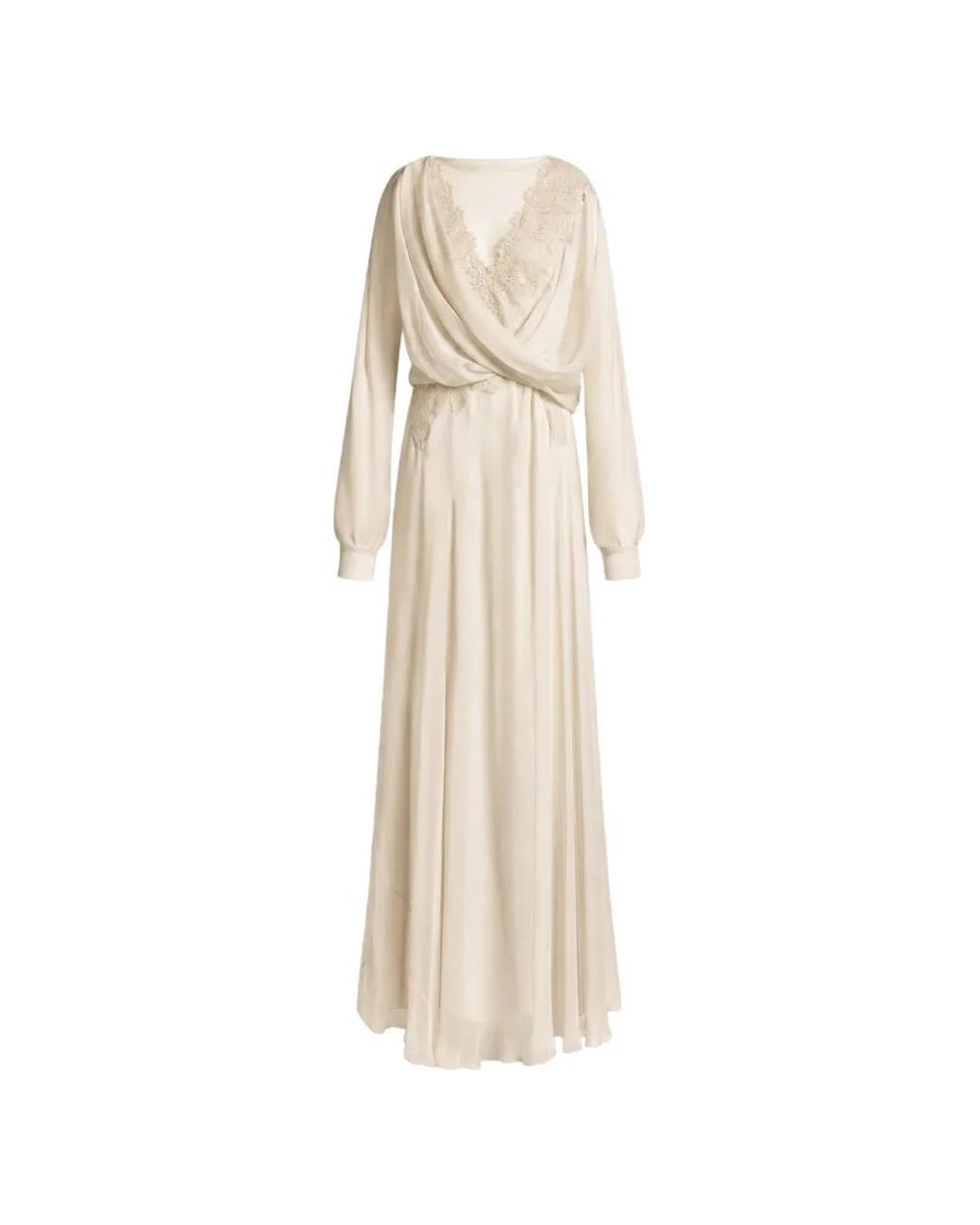 Alberta Ferretti Natural Lace-Trimmed Draped Gown