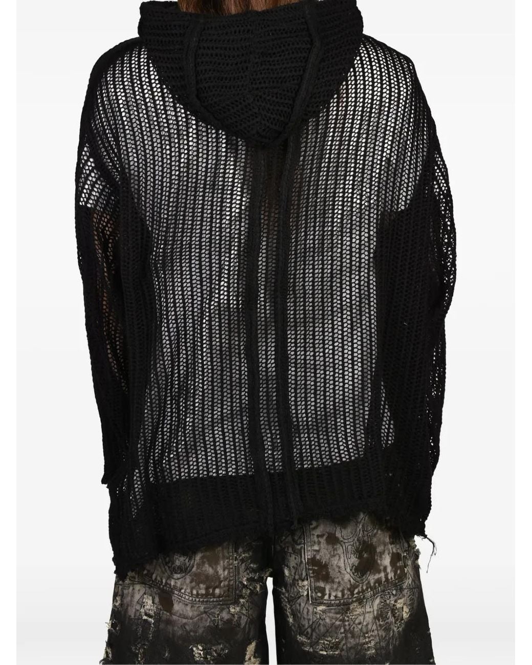 THUG CLUB Black Mesh-Knit Distressed Hoodie for men