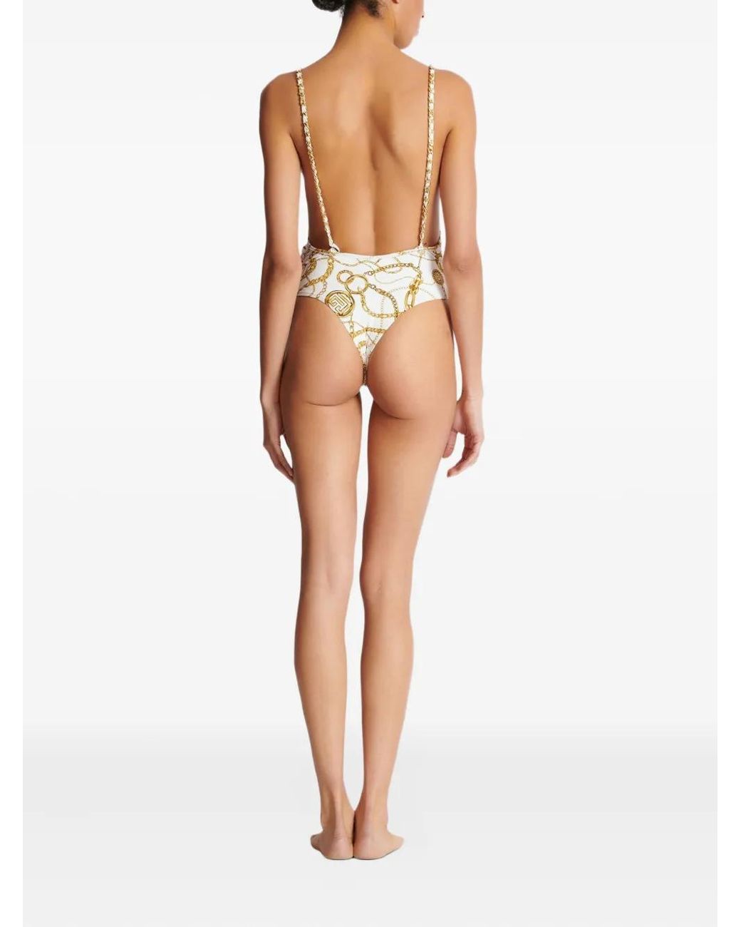 Balmain White Chaînes-Pattern Swimsuit