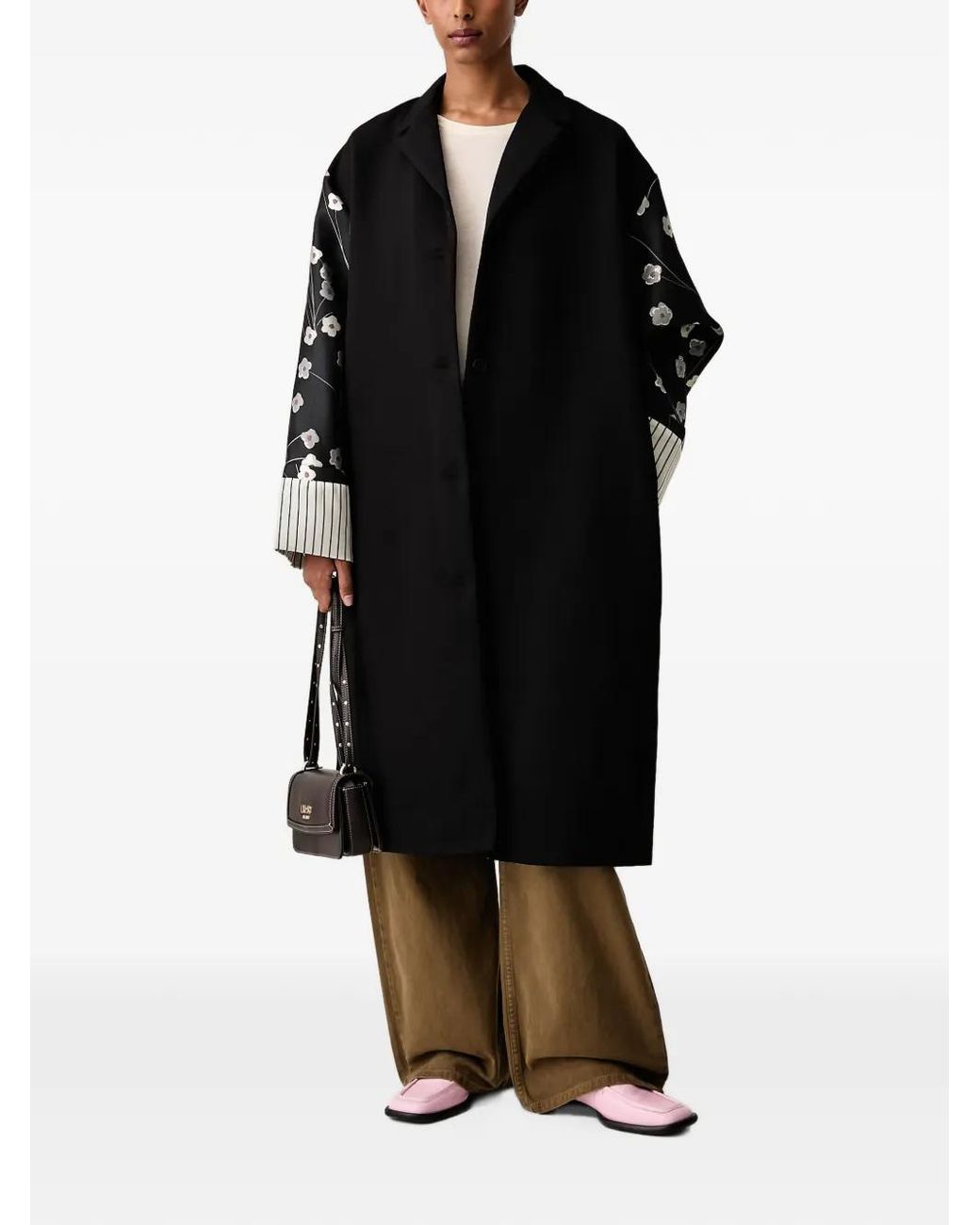 Stine Goya Black Floral-Print Striped-Cuff Coat