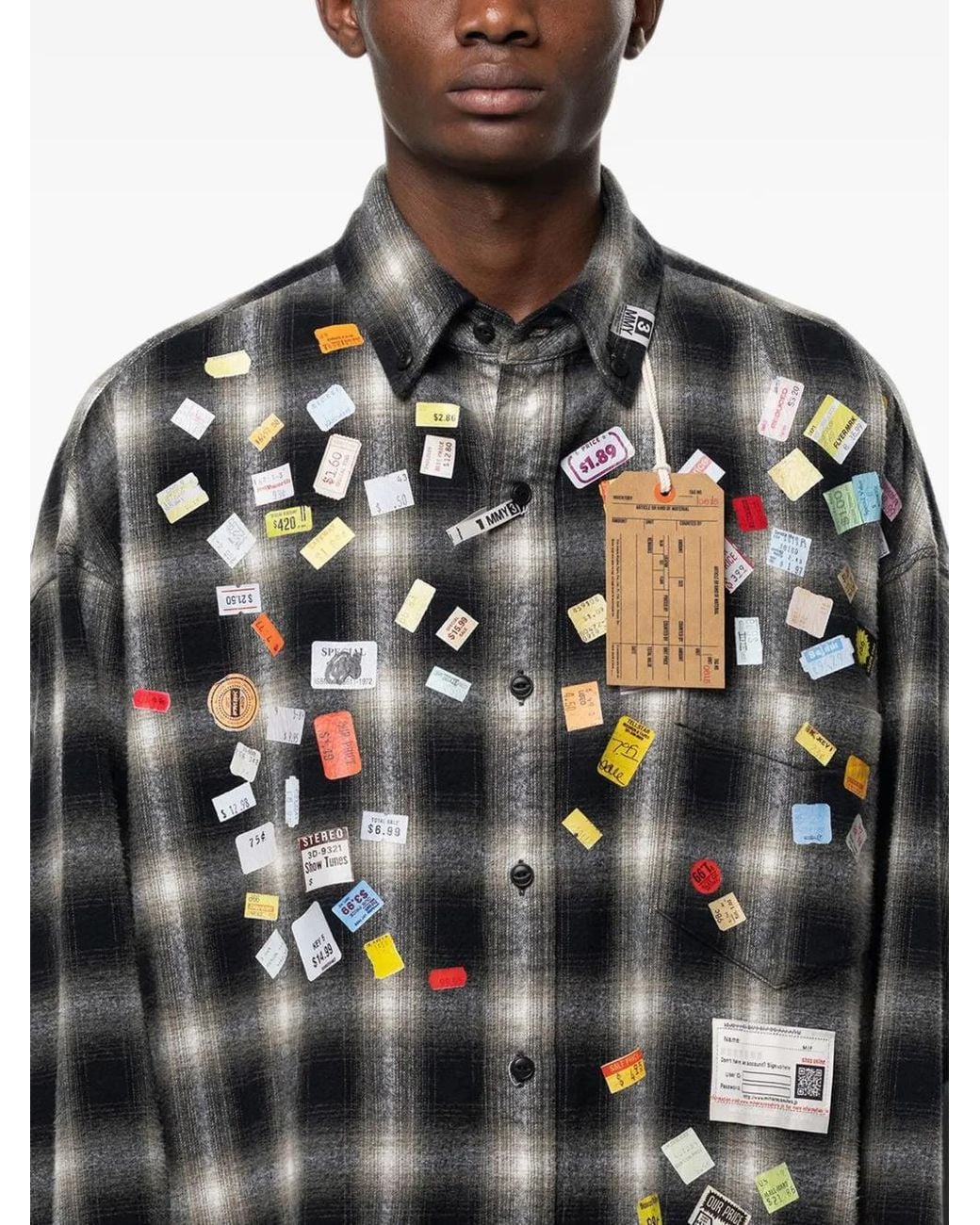Maison Mihara Yasuhiro Black Price Sticker Printed Check Shirt for men