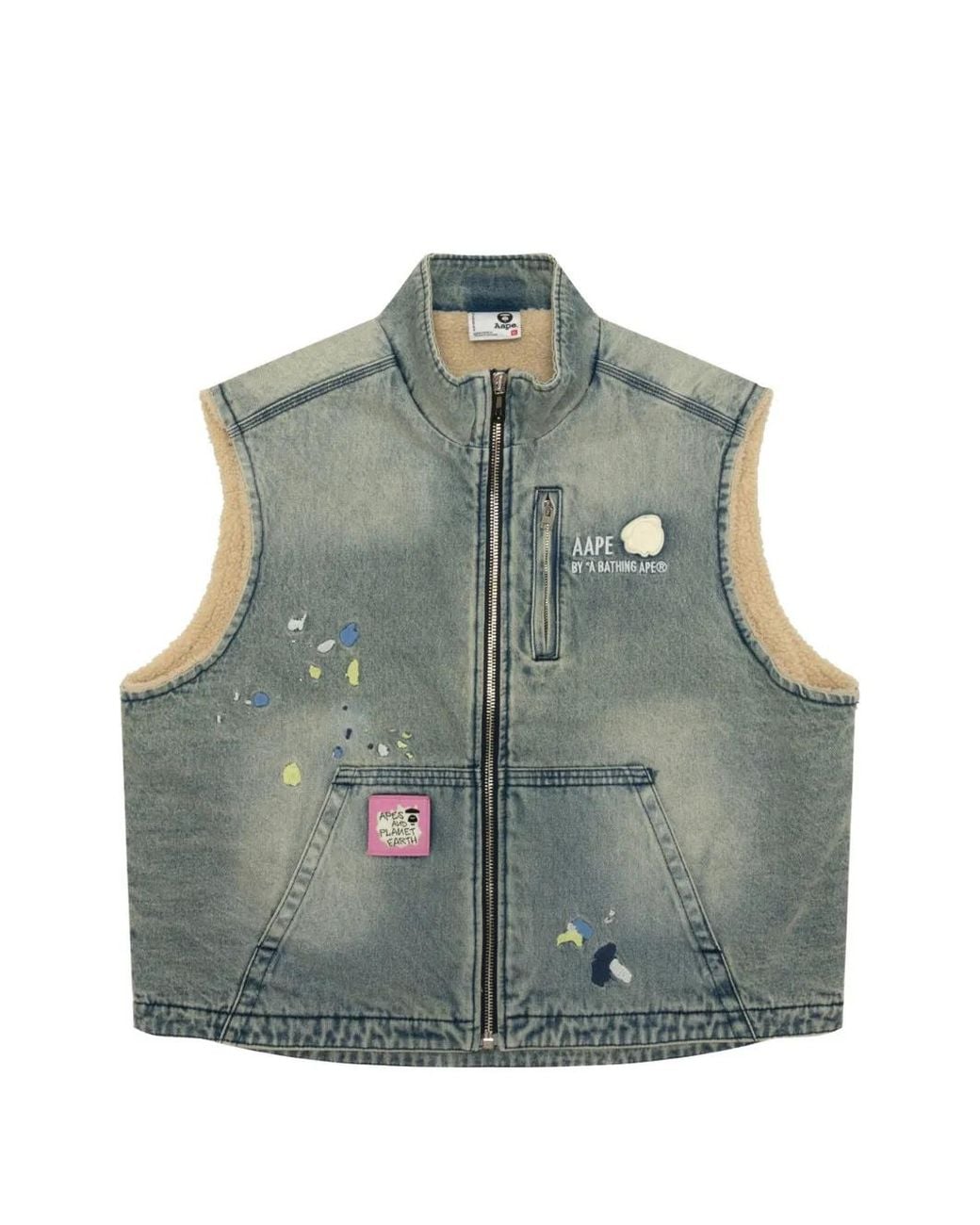 Aape By A Bathing Ape Gray Paint-Splatter Denim Gilet for men