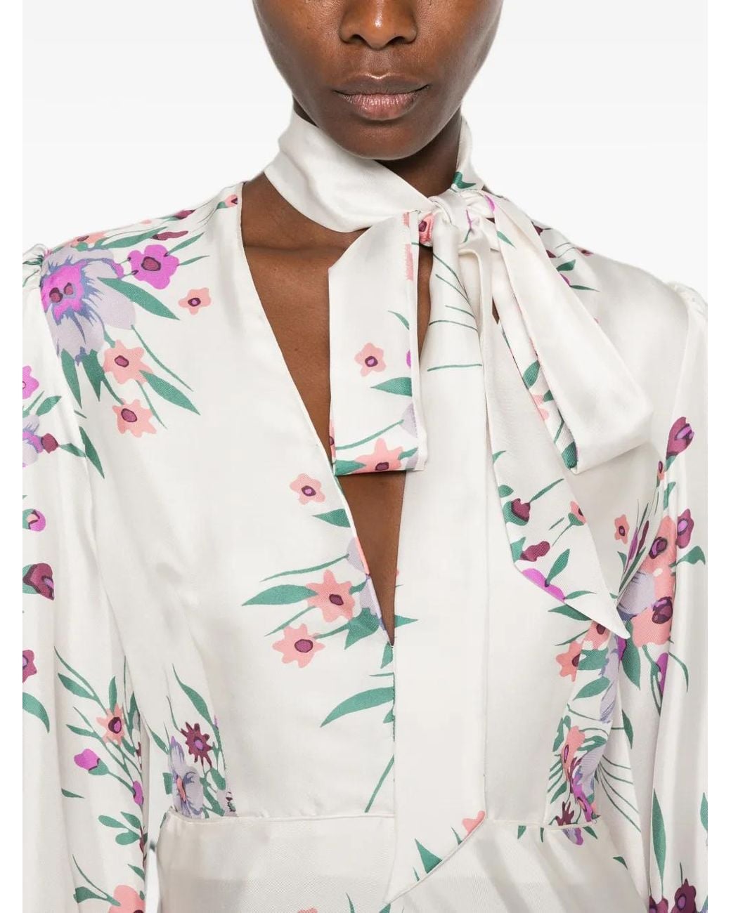 Raquel Diniz White Robe Longue Valerie À Fleurs Et Col Noué