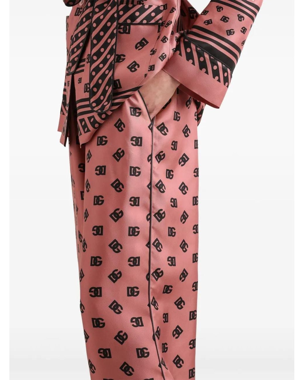 Dolce & Gabbana Red Silk Logo Print Wide-Leg Trousers