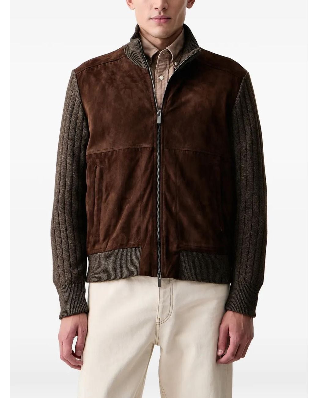 Paul & Shark Brown Suede-Panelled Ribbed-Knit Jacket for men