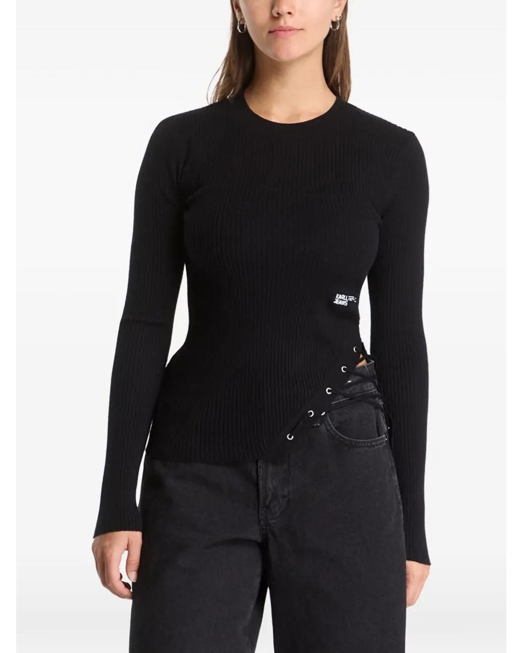 Karl Lagerfeld Black Lace-Up Ribbed Sweater