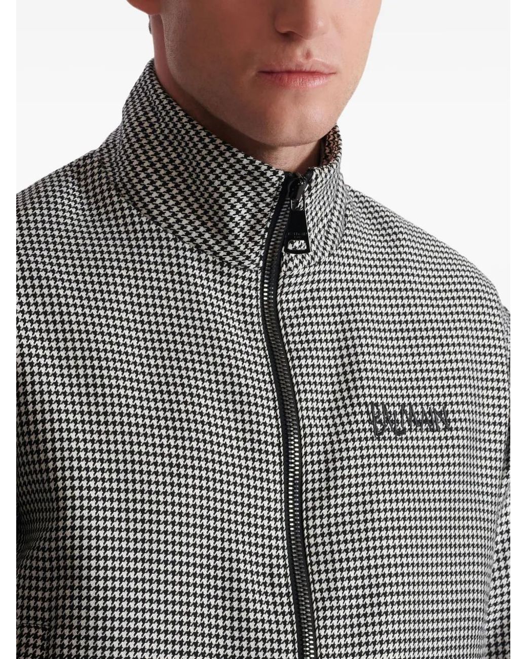 Balmain Gray Houndstooth-Pattern Zip Jacket for men