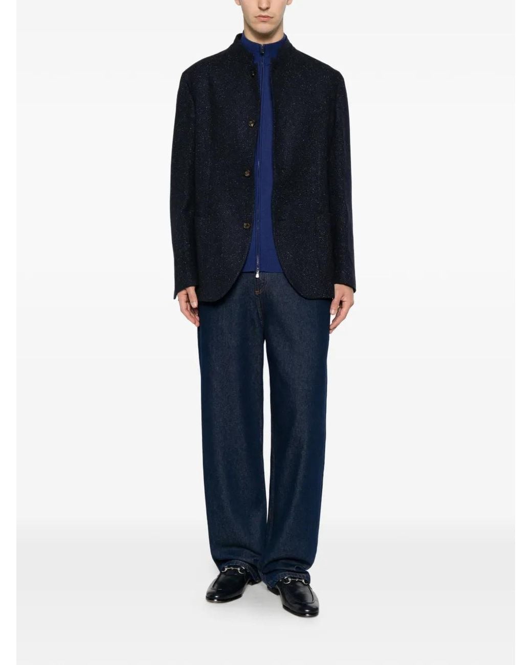 Eleventy Blue Herringbone Mandarin-Collar Jacket for men