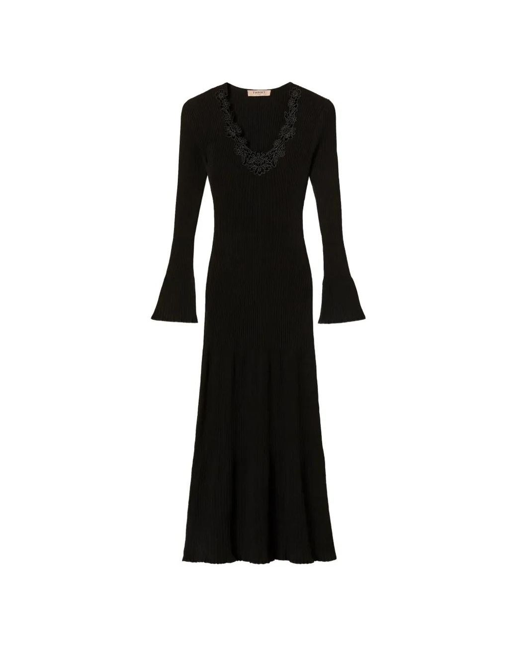 Twinset Black Long Knit Dress With Macramé Lace