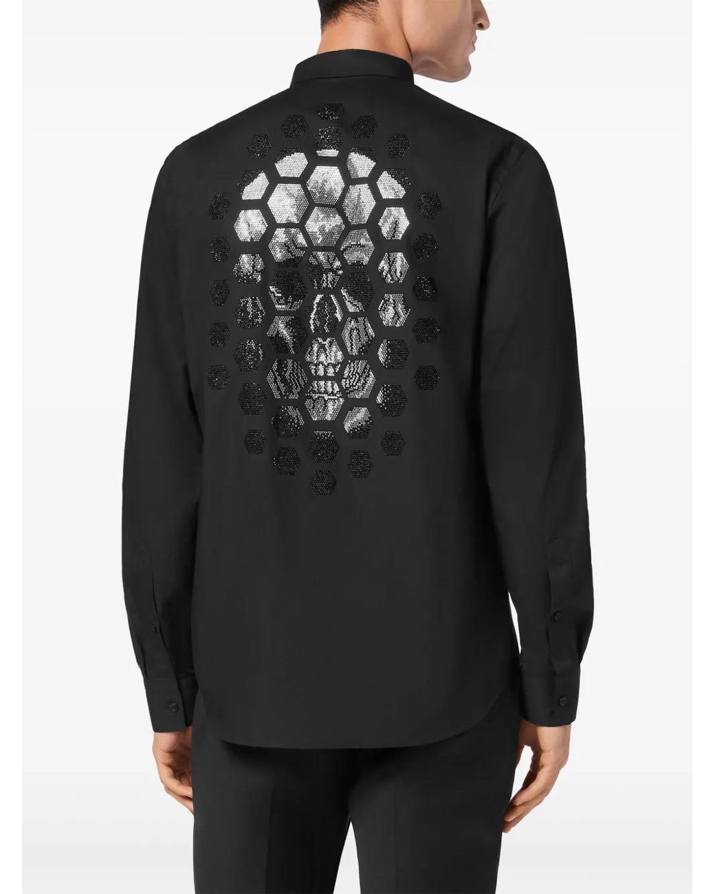 Philipp Plein Black Shirt Sugar Daddy Cut Long-Sleeve Crystal Skull for men