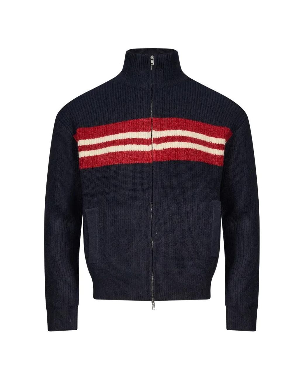 Song For The Mute Blue Striped Ribbed-Knit Zip-Up Cardigan for men