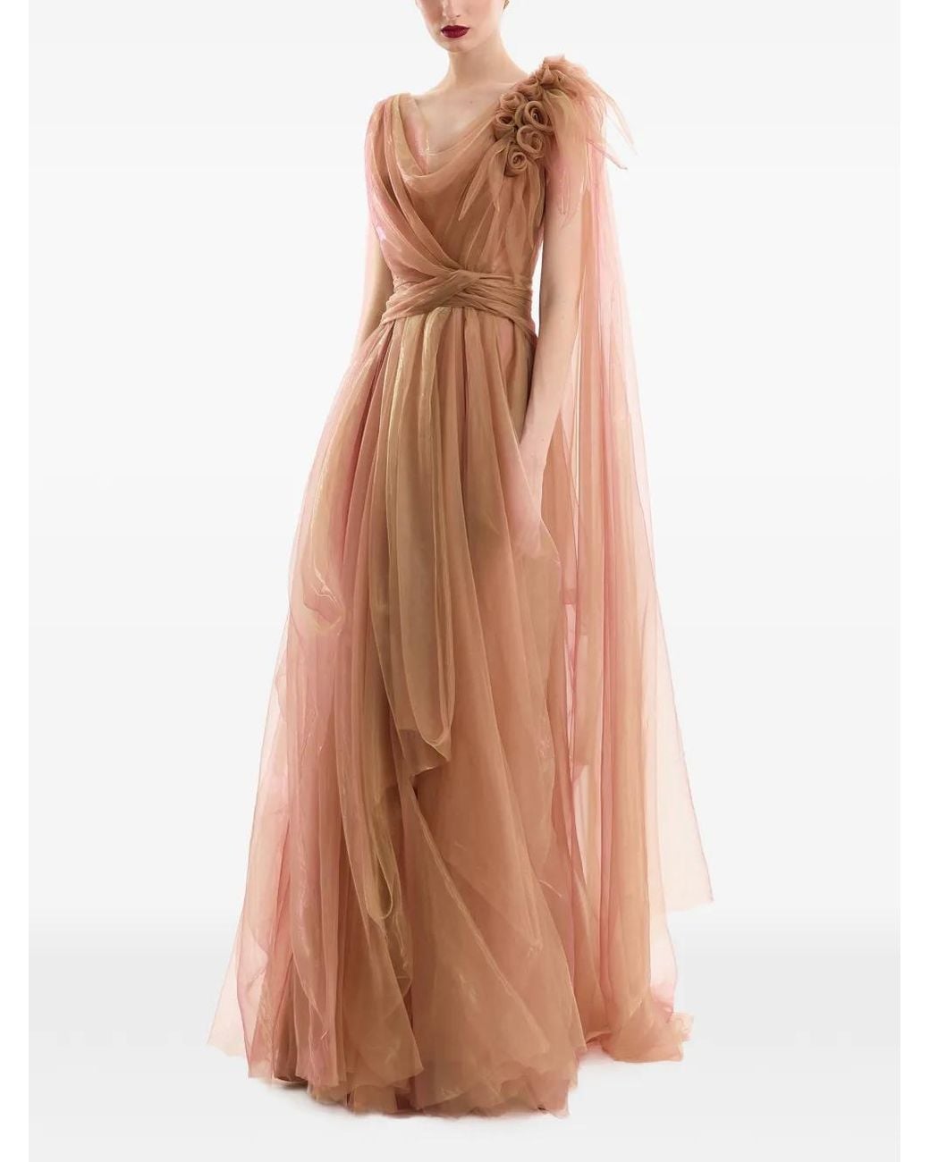 Gemy Maalouf Brown Floral-Embellished Draped Gown