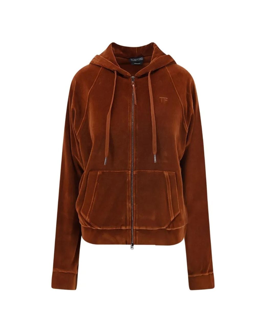 Tom Ford Brown Stretch Cotton Velour Zip Hoodie With Tonal Tf Embroidered Logo