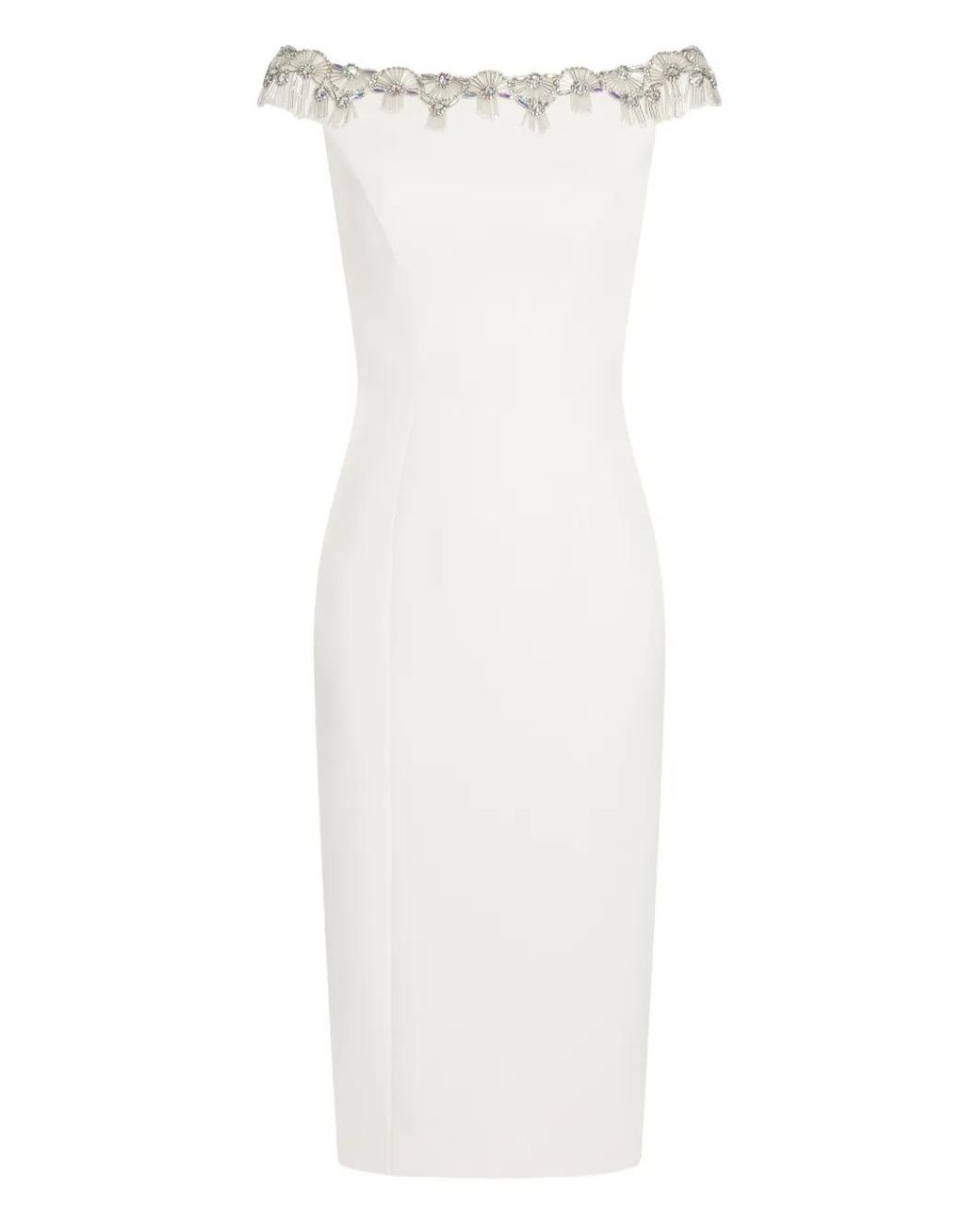 Jenny Packham White Valorie Beaded Off-Shoulder Midi Dress