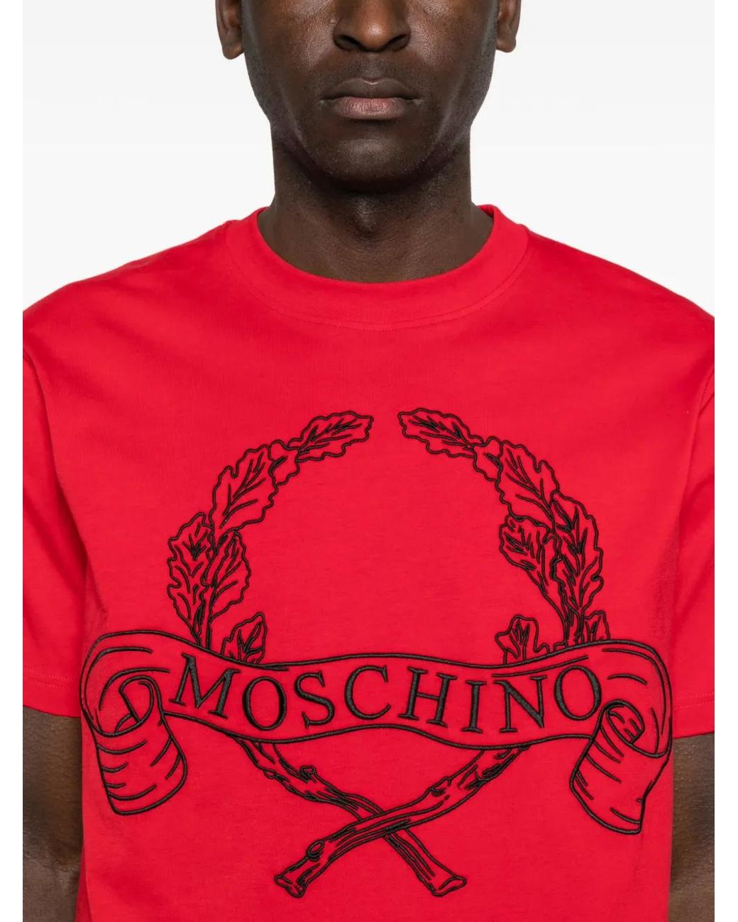 Moschino Red Graphic Silk-Nylon T-Shirt With Wreath Design for men