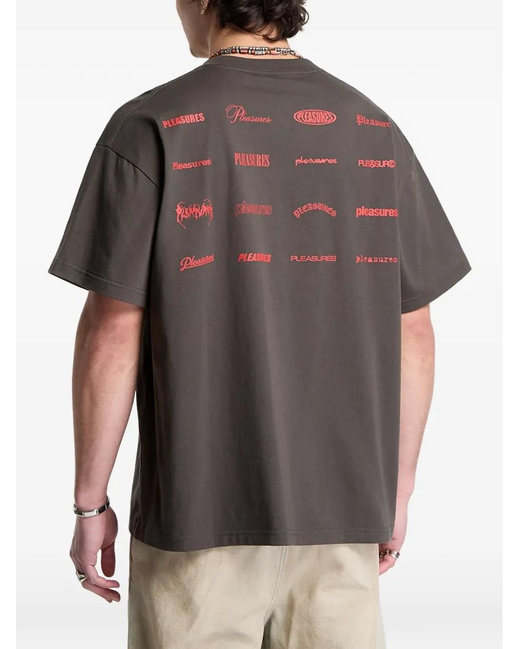 Pleasures Gray Logo-Print Drop-Shoulder T-Shirt for men