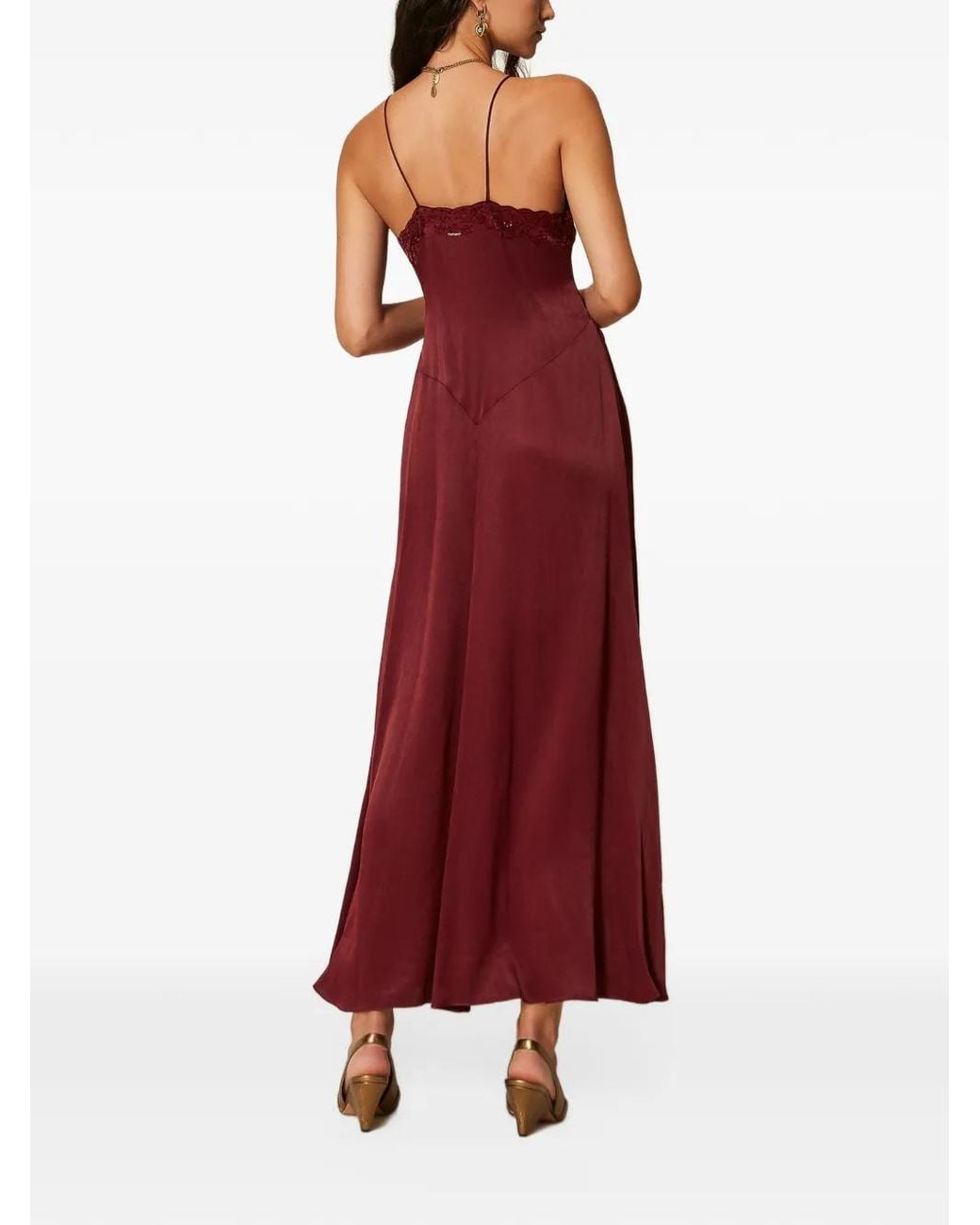 Twinset Red Long Envers Satin Dress With Embroidery