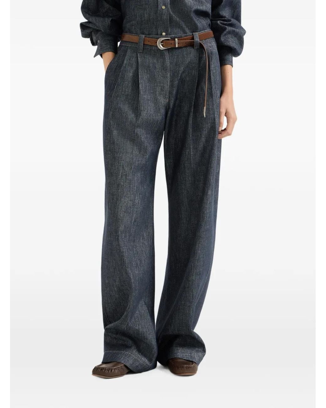 Brunello Cucinelli Blue Pantalon Ample En Jean À Ornements Métalliques