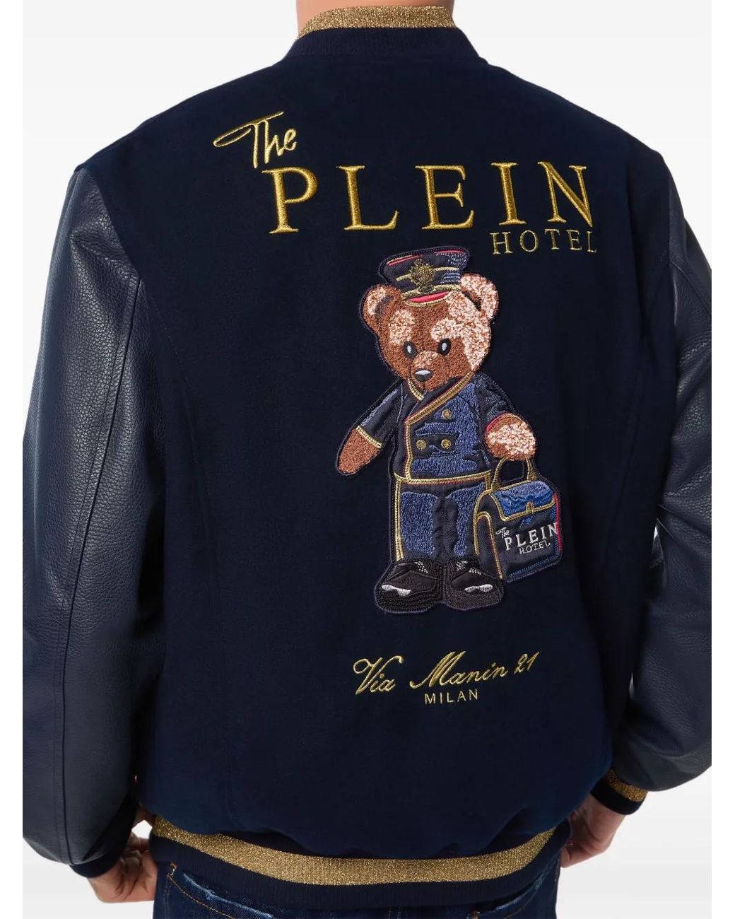 Philipp Plein Blue Leather And Wool Varsity Bomber Teddy Doorman for men