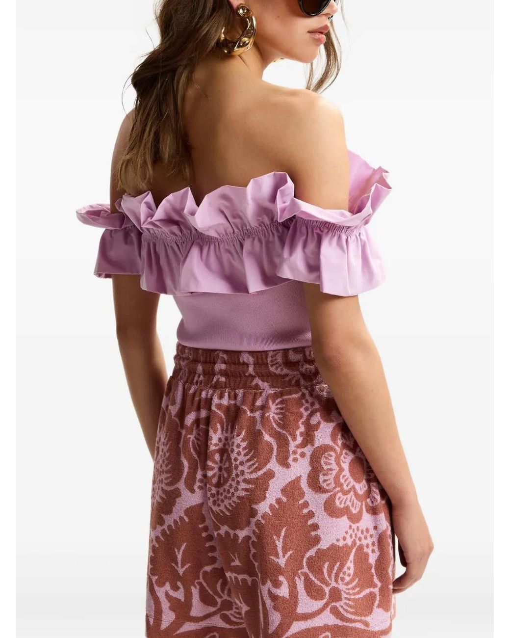 Essentiel Antwerp Pink Ruffled-Neck Off-Shoulder Top
