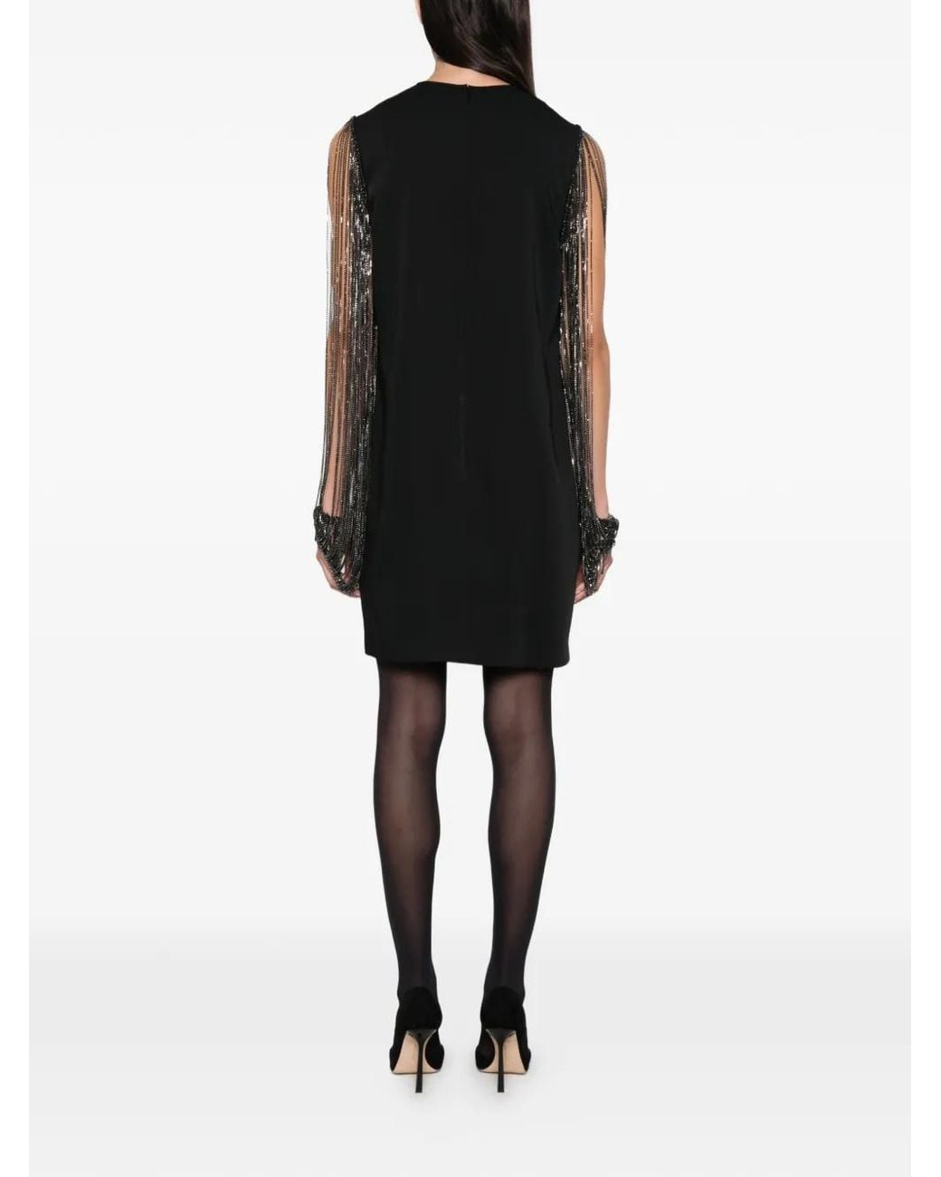 Costarellos Black Crystal-Fringe Crepe Mini Dress