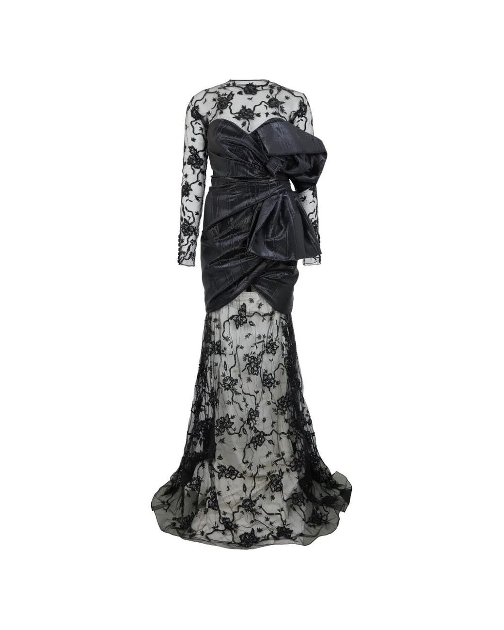 Moschino Black Robe Longue À Fleurs Brodées