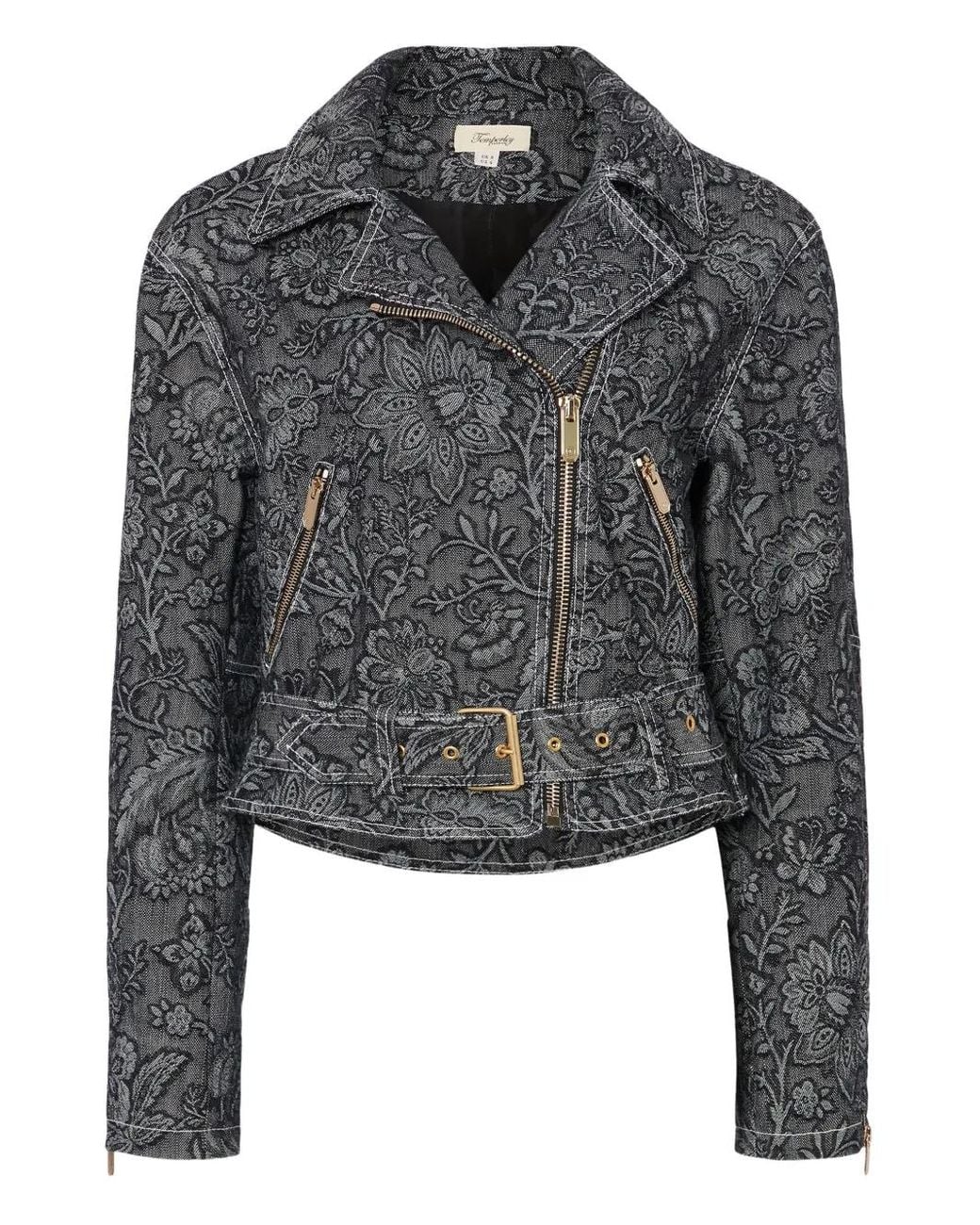Temperley London Gray Floral-Print Belted Biker Jacket