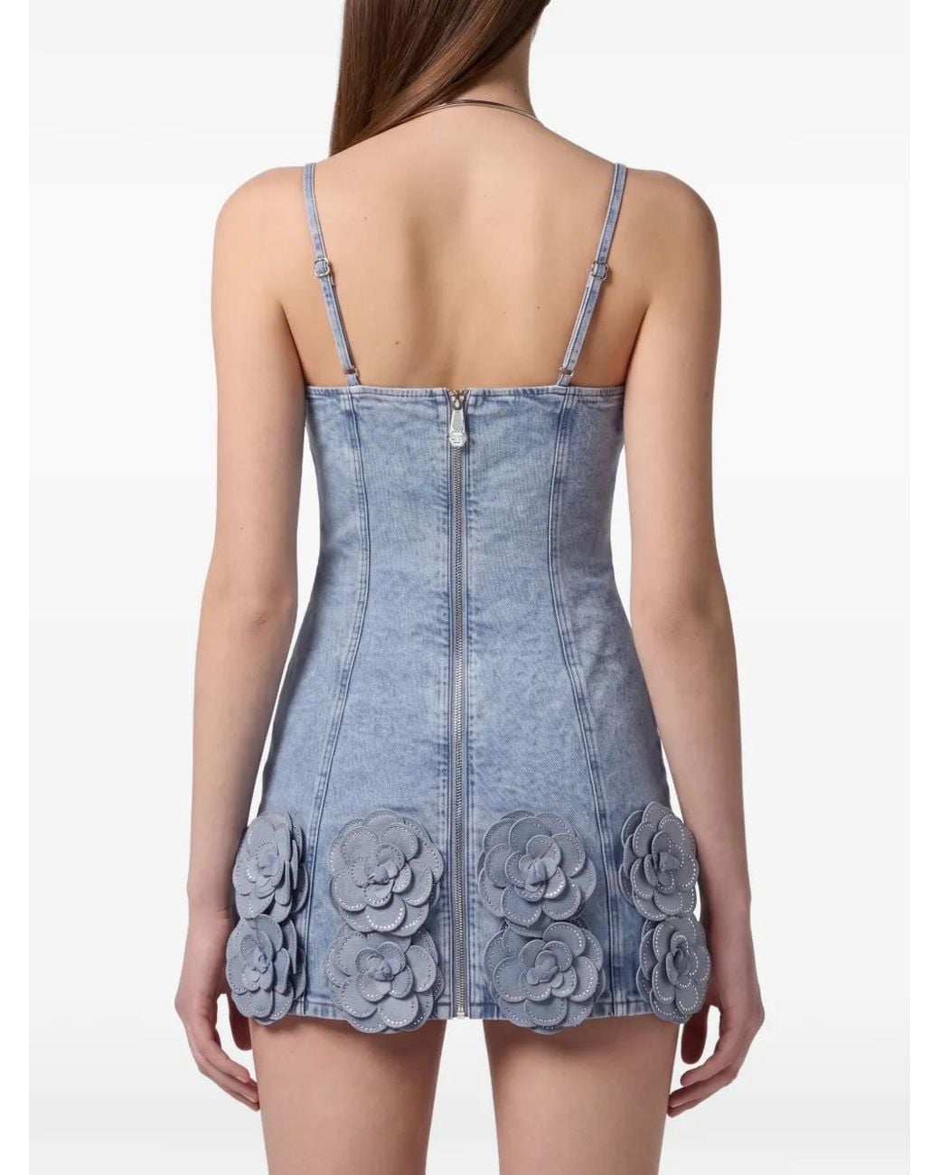 Philipp Plein Blue Denim Mini Dress Roses Strass