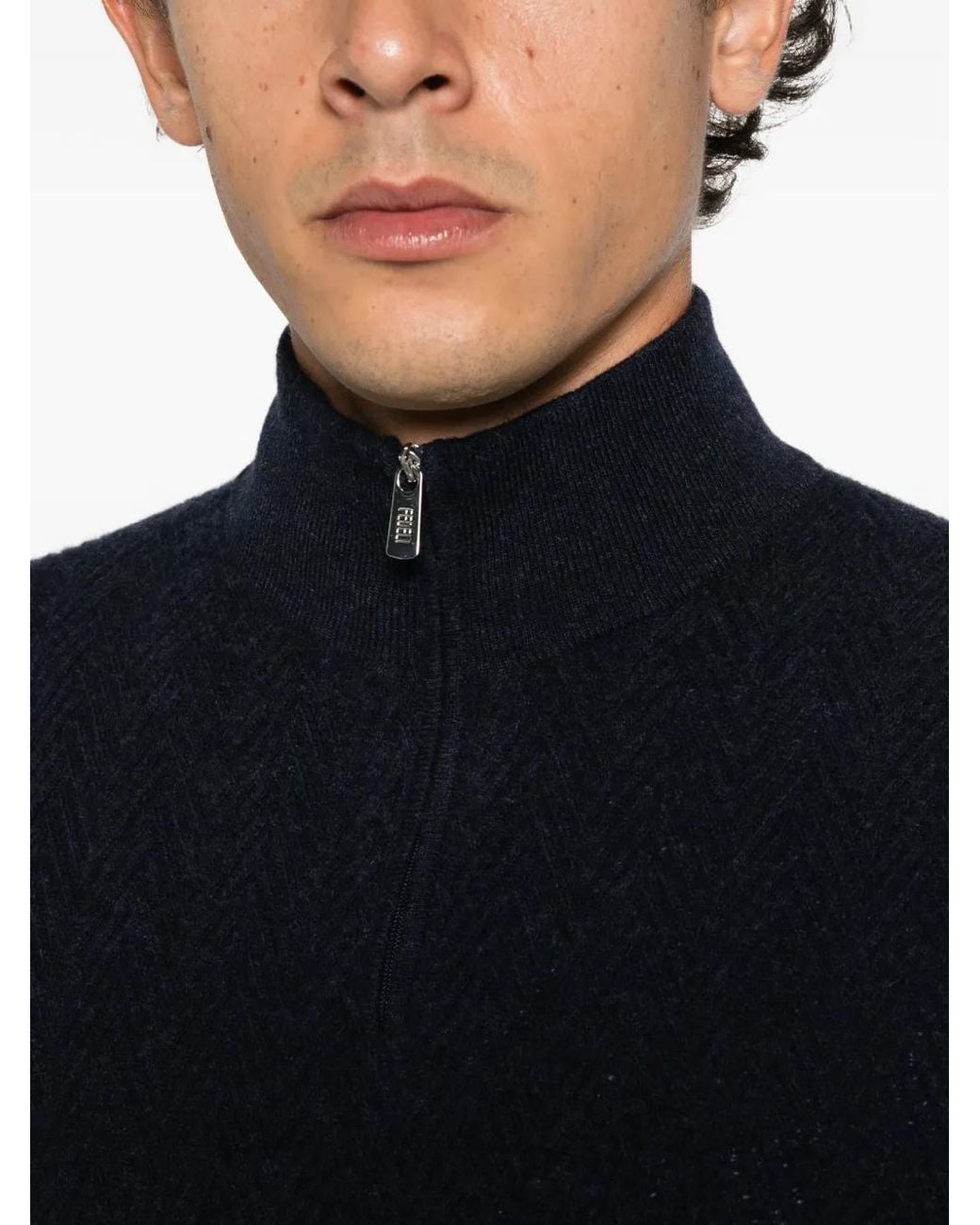 Fedeli Blue Chevron-Knit Quarter-Zip Sweater for men