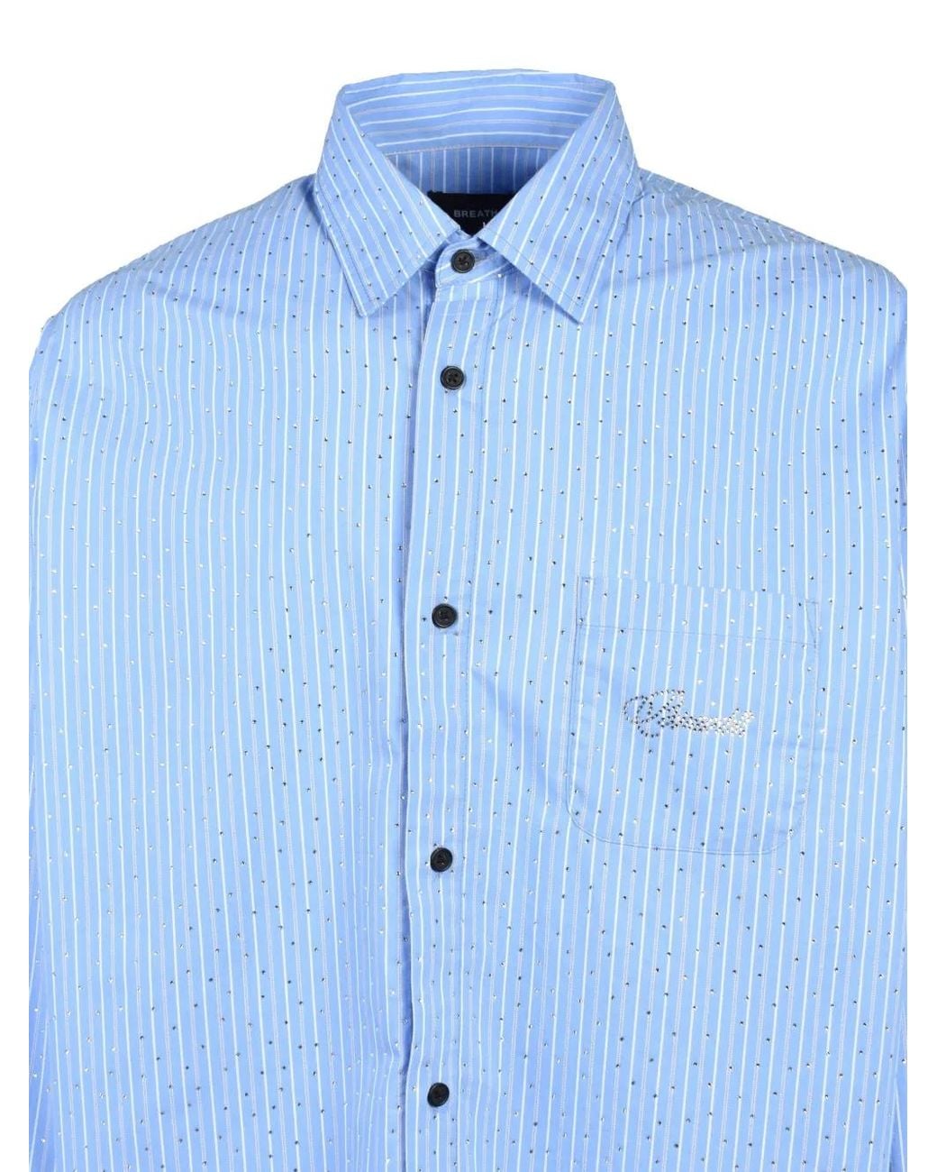 BREATH Blue Rhinestone-Embellished Striped Shirt for men