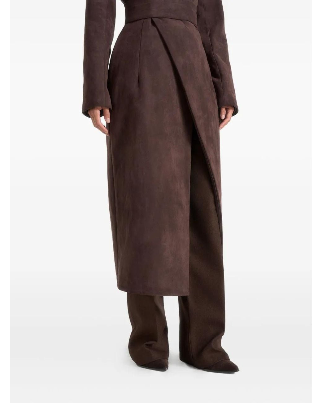Manière De Voir Brown Esma Asymmetric-Fastening Suede-Effect Belted Coat