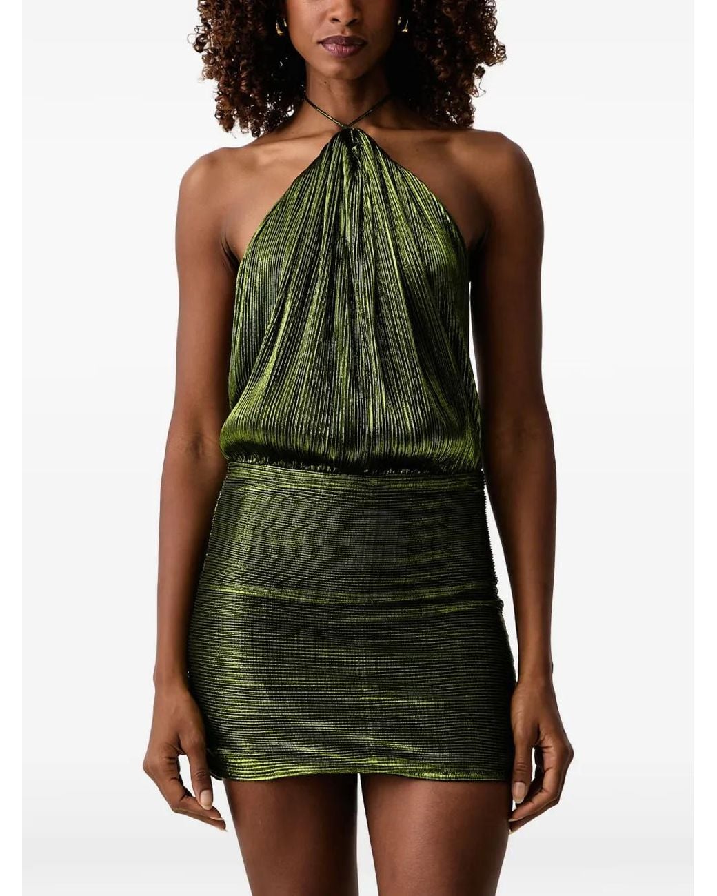 retroféte Green Lavinia Pleated Metallic-Effect Mini Dress