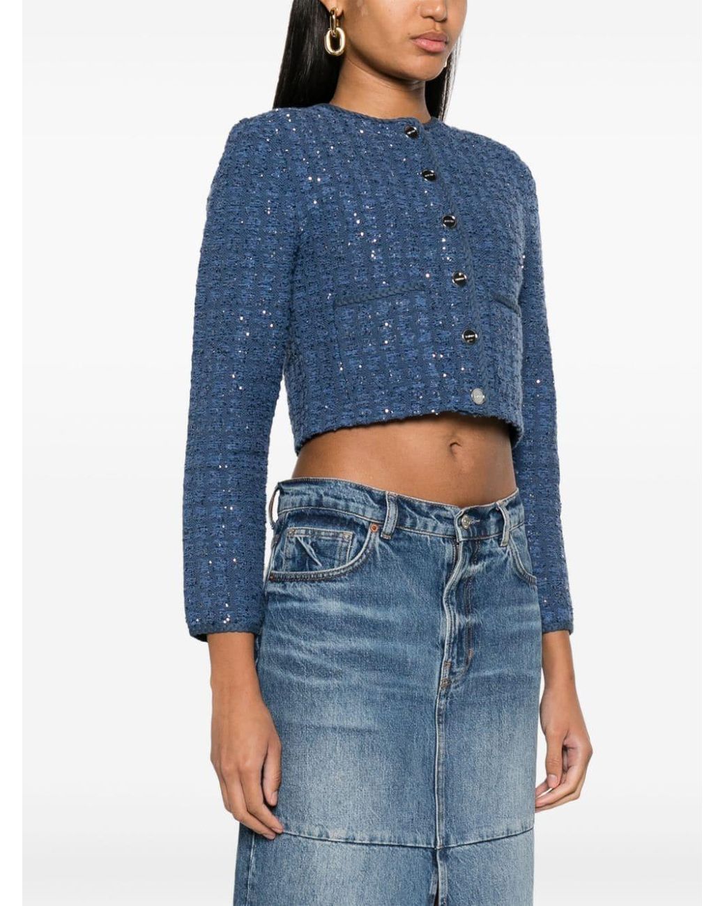 Sandro Sequin-Embellished Cropped Tweed Jacket in Blue | Lyst