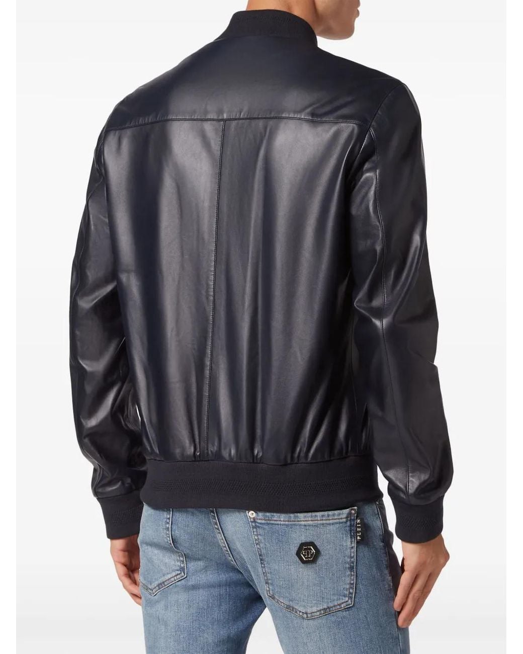 Philipp Plein Blue Leather Bomber Jacket for men
