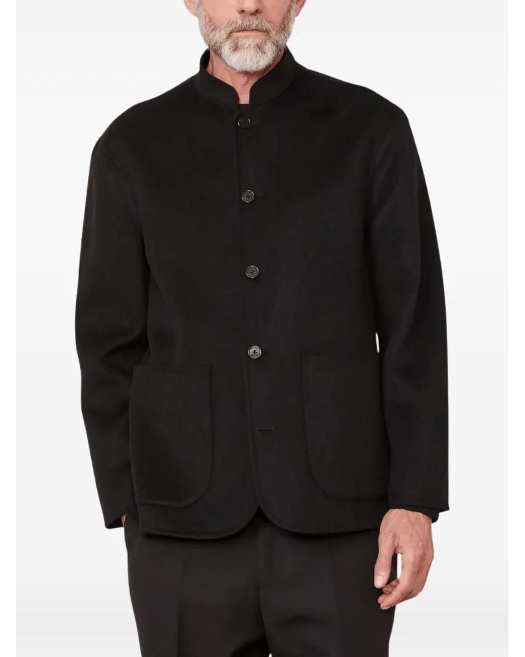Officine Generale Black Mandarin-Collar Patch-Pocket Jacket for men