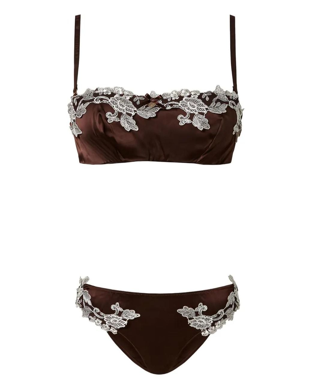 Twinset Brown Lace-Trim Satin Bra Set