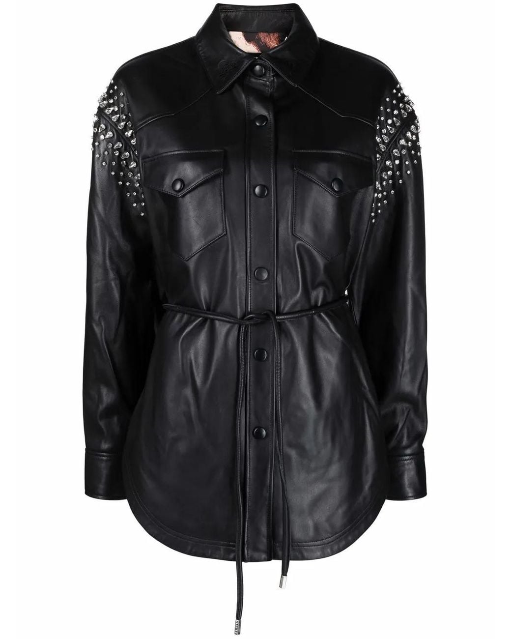 Philipp Plein Black Crystal-Studded Leather Shirt