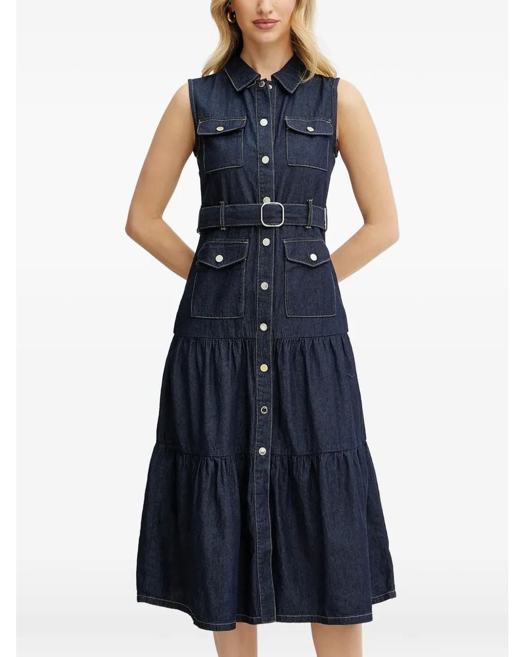 Morgan Blue Belted-Waist Tiered Midi Dress