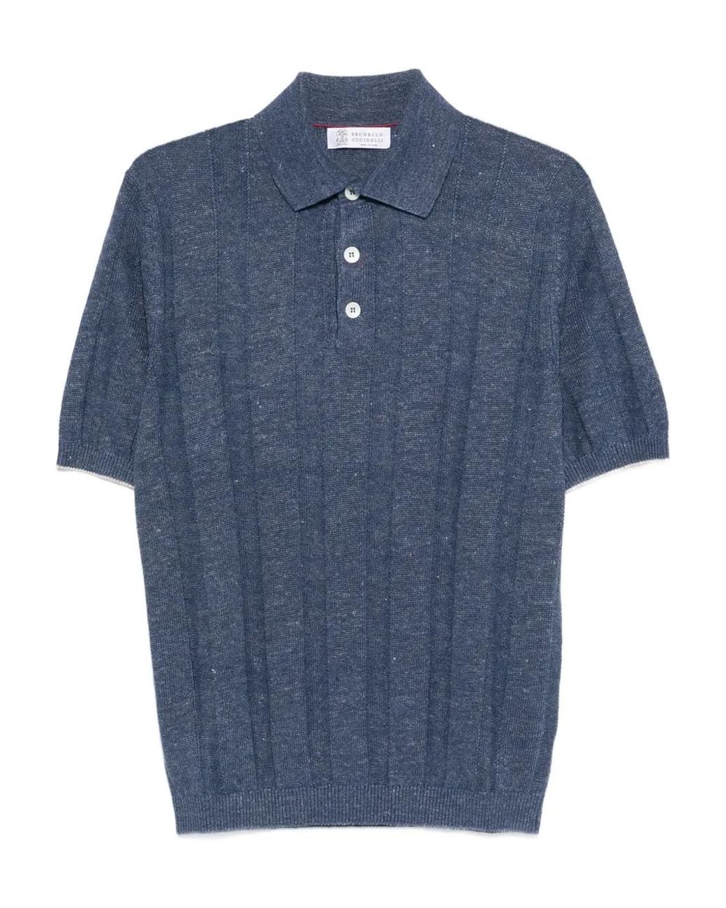 Brunello Cucinelli Blue Linen And Cotton Wide Rib Knit Polo for men
