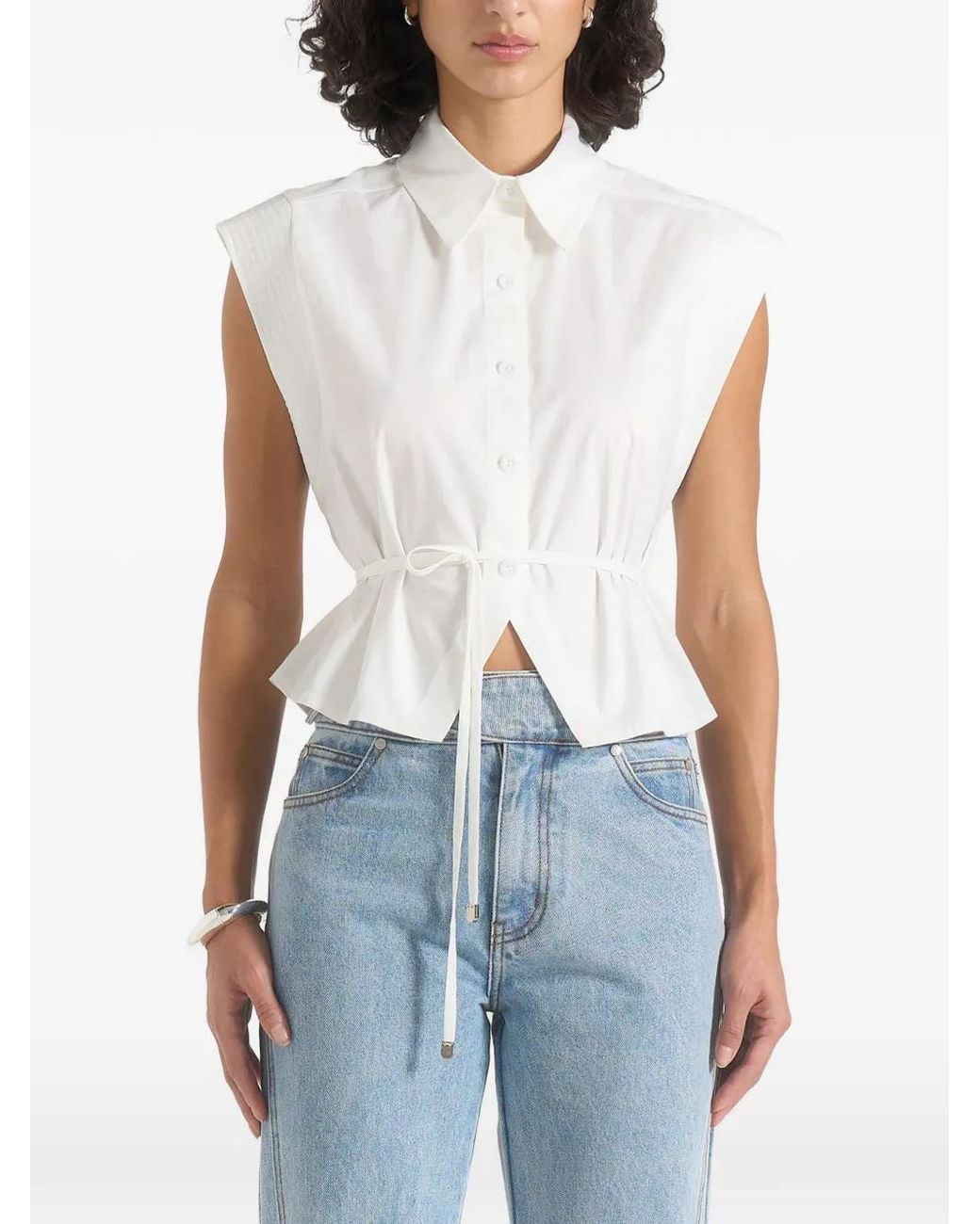 Manière De Voir White Orla Sleeveless Tie Waist Cropped Shirt