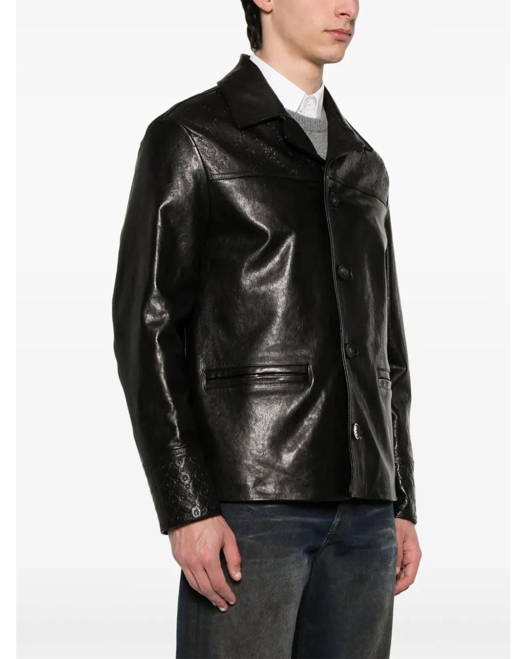 MARINE SERRE Black Moongram-Embossed Leather Jacket for men