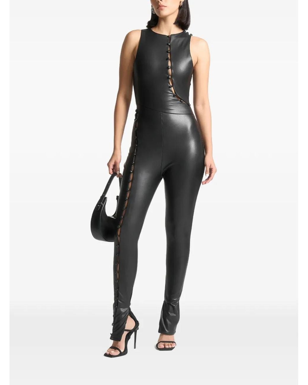 Manière De Voir Black Leather Cut Out Button Detail Jumpsuit